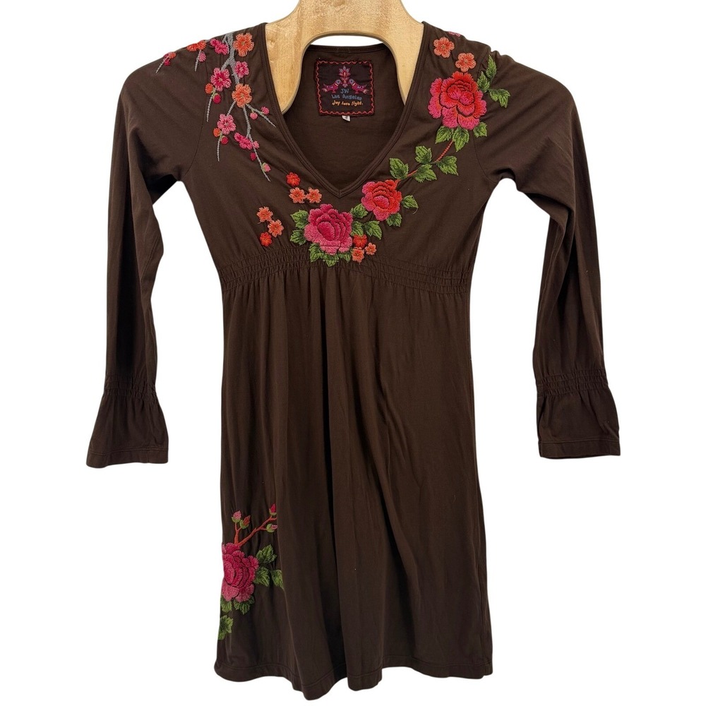 Johnny Was L.A. Brown Women's‎ Embroidered Floral Long Sleeve Tunic Dress Small